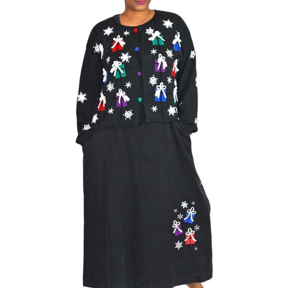 Vintage Christmas Jumper Dress Sweater Matching Set Corduroy Maxi Holiday Large - Picture 16 of 16